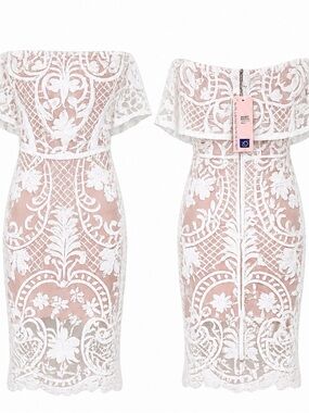 white bardot lace frill hem midi dress Lace Midi Dress Chi Dresses Frill Hem Midi Bardot Lace Midi Dress Bardot Dip Hem Dresses
